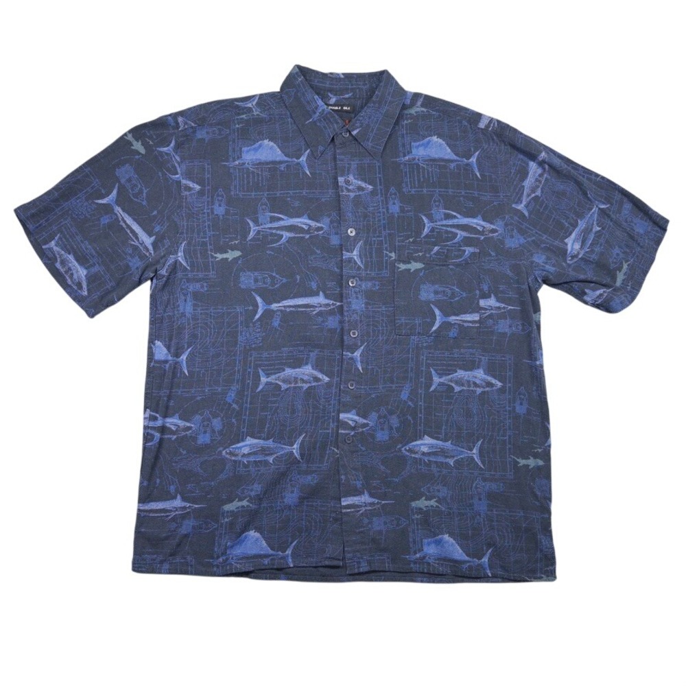 Utopia Washable Silk Button Up Shirt Mens XL Blue Fish Marlin Tuna Nautical Top
